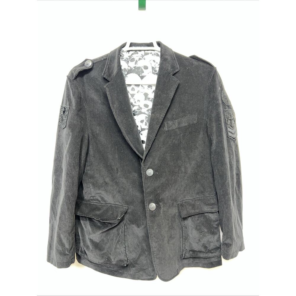 Affliction Mens Live Fast Skull Blazer Jacket Black Corduroy Goth L /44-46
